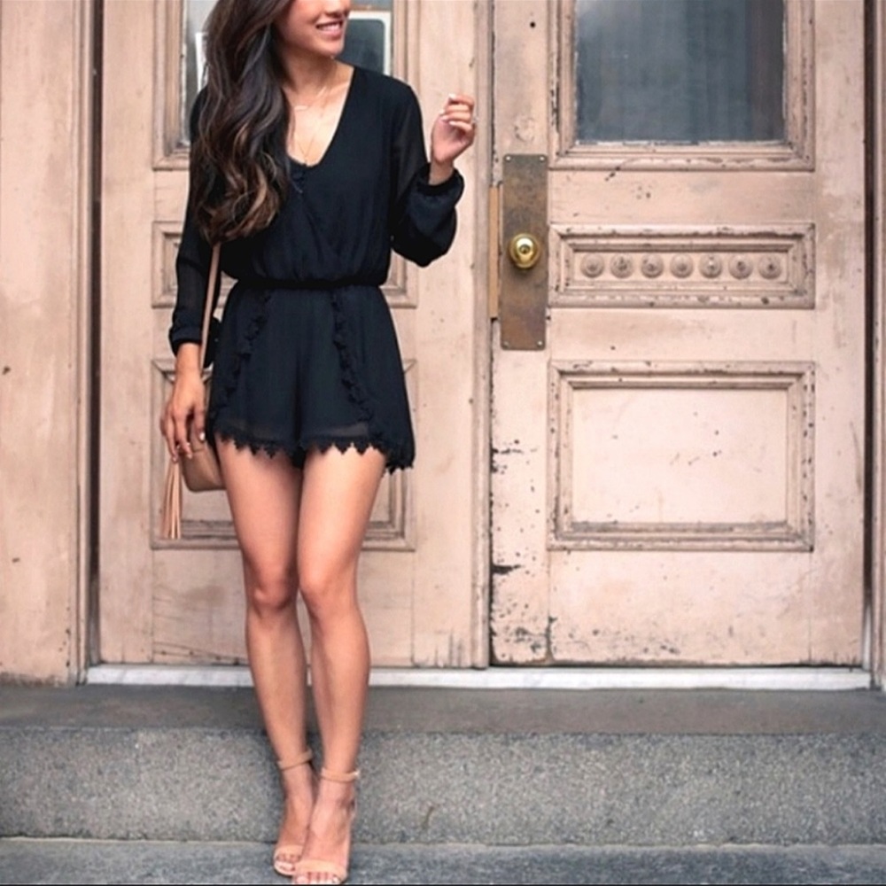 ASTR Black V Neck Eyelet Romper S